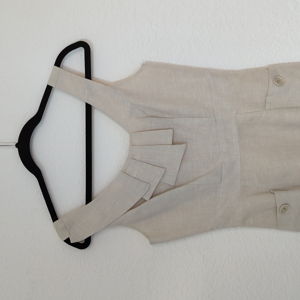 Burlapp Ruffle Sheath Linen Dress Cream Sz Small Asymmetrical Neck Pockets Zip - Picture 3 of 9